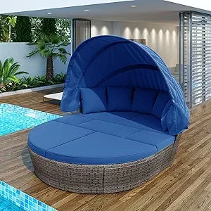 GO Outdoor rattan daybed sunbed with Retractable Canopy Wicker Furniture, Round Outdoor Sectional Sofa Set, black Wicker Furniture Clamshell Seating with Washable Cushions, Backyard, Porch, Beige