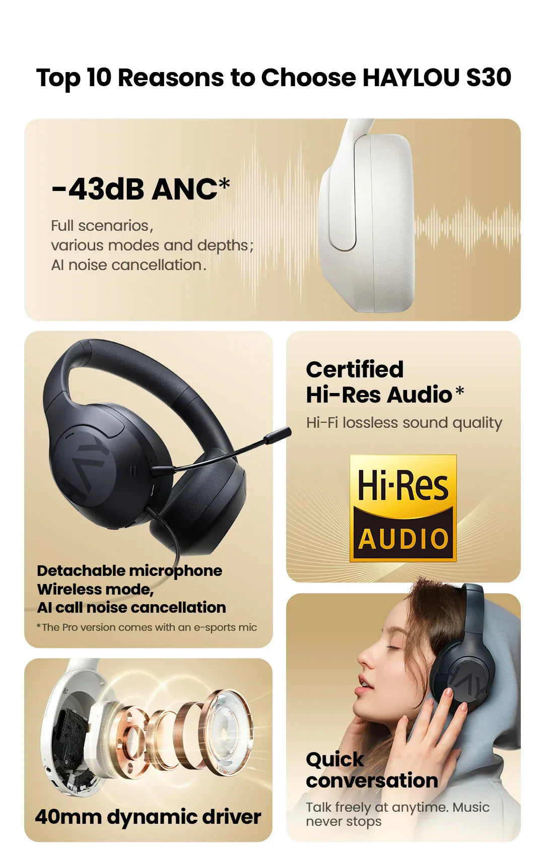 HAYLOU S30 Wireless Bluetooth 5.4 Headphones with 43dB ANC, 40mm Drivers, 80H Playtime