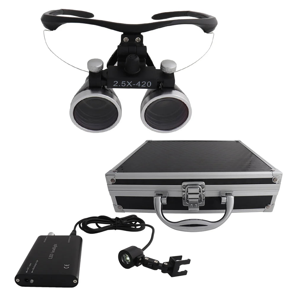 Dental Loupes Dental Magnifier Dental Lab Medical Loupes Magnification Binocular 2.5/3.5x420 Headlight Headlamp 5W Set Metal Box