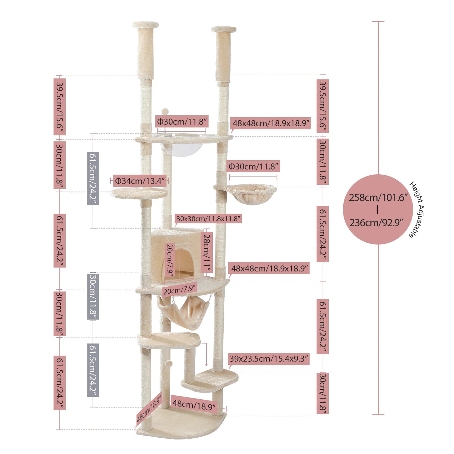 Adjustable 236-258cm Height Cat Scratching Post Tall Cat Tower with Hammock Condo Cozy Cat Tree Kitten Furniture Pet Cat Toys