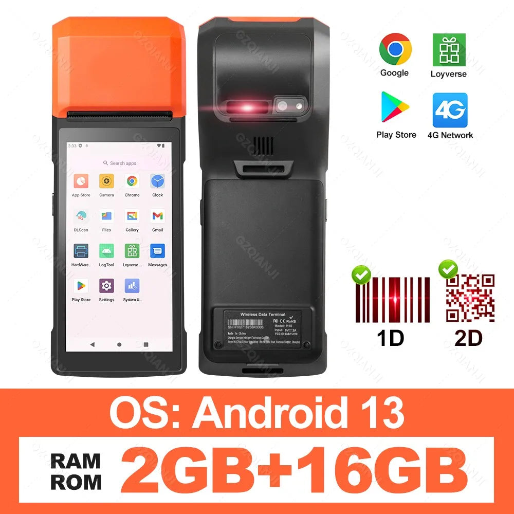 New 4G Wireless Wifi Handheld PDA Printers Android 8.1 13 POS Terminal Touch Screen Built-in 2D Barcode Scanner NFC Card Reader