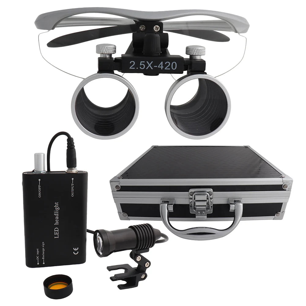 Dental Loupes Dental Magnifier Dental Lab Medical Loupes Magnification Binocular 2.5/3.5x420 Headlight Headlamp 5W Set Metal Box
