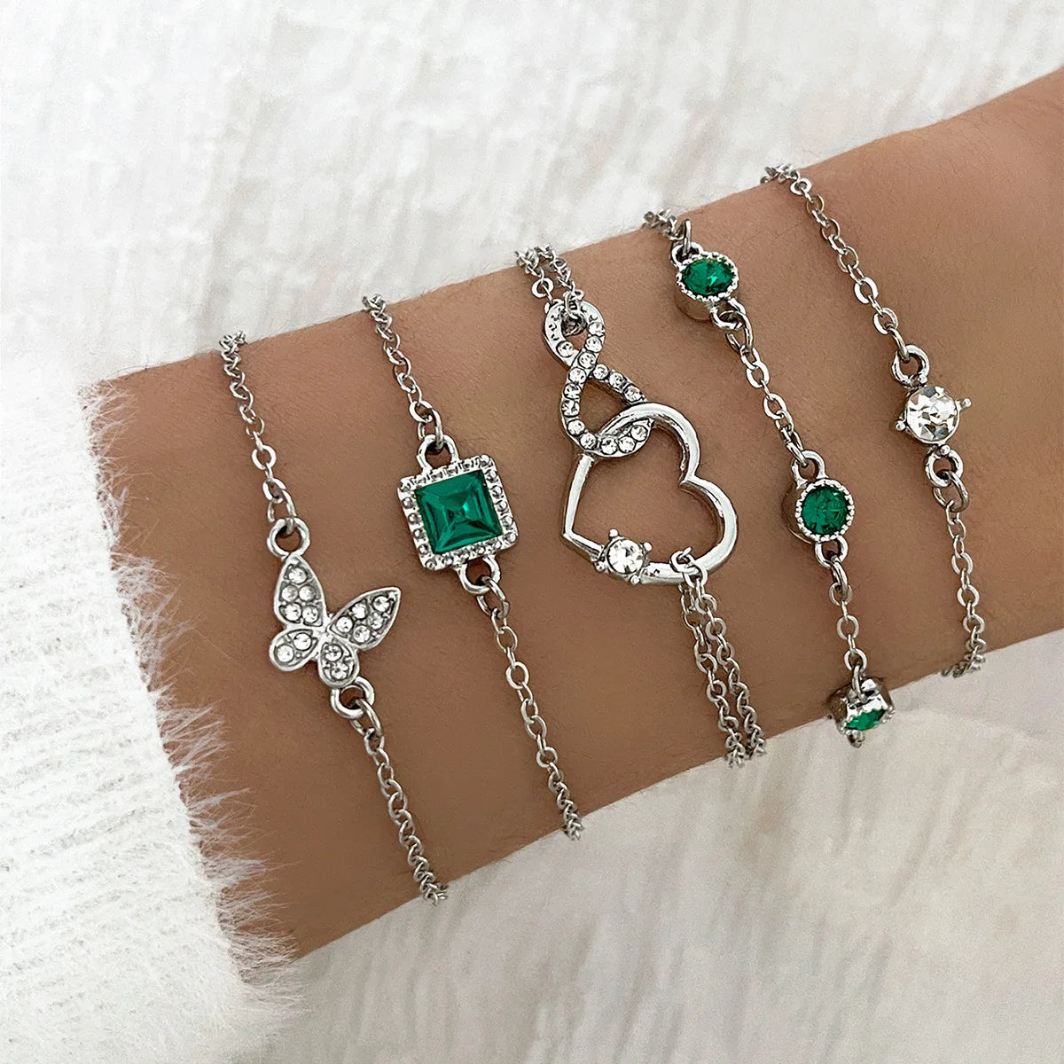 Women's Bohemian 5-Piece Heart Green Crystal Bracelets Set