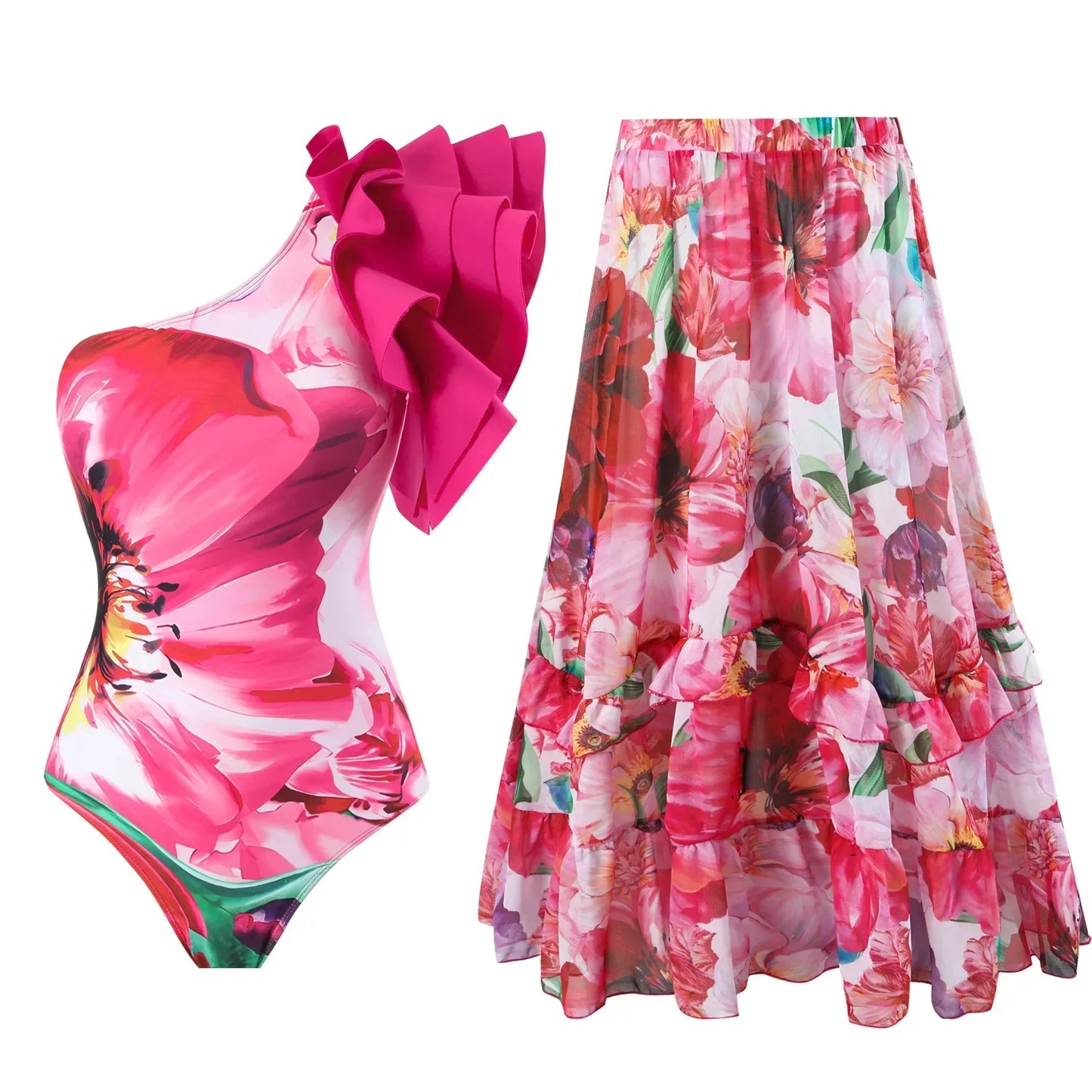 One Piece Bathing Suit for Women with Bikini Maxi Wrap Skirt 2Pcs Floral Print Swimsuit High Waist Tummy Control Beach Suits