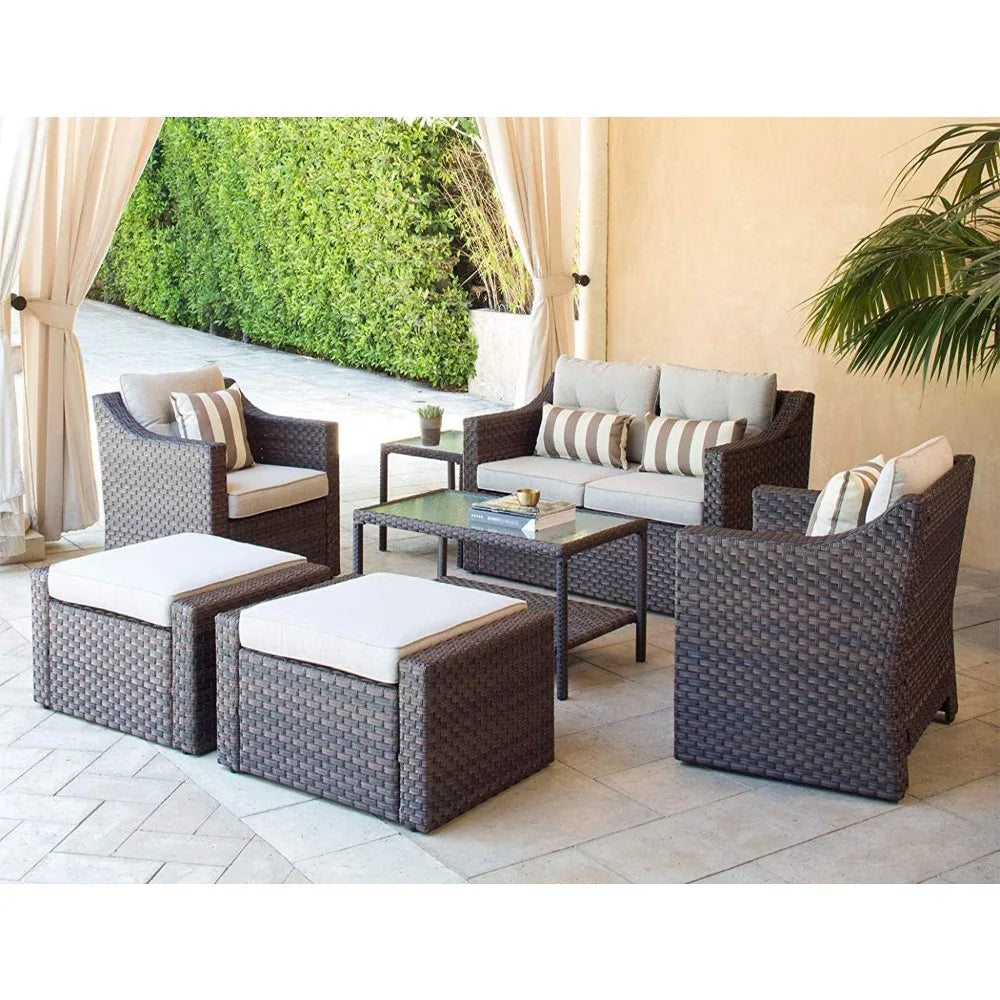 Outdoor Patio Furniture Set 7-Piece Wicker Conversation  Lounge Chairs with Ottoman & Loveseat