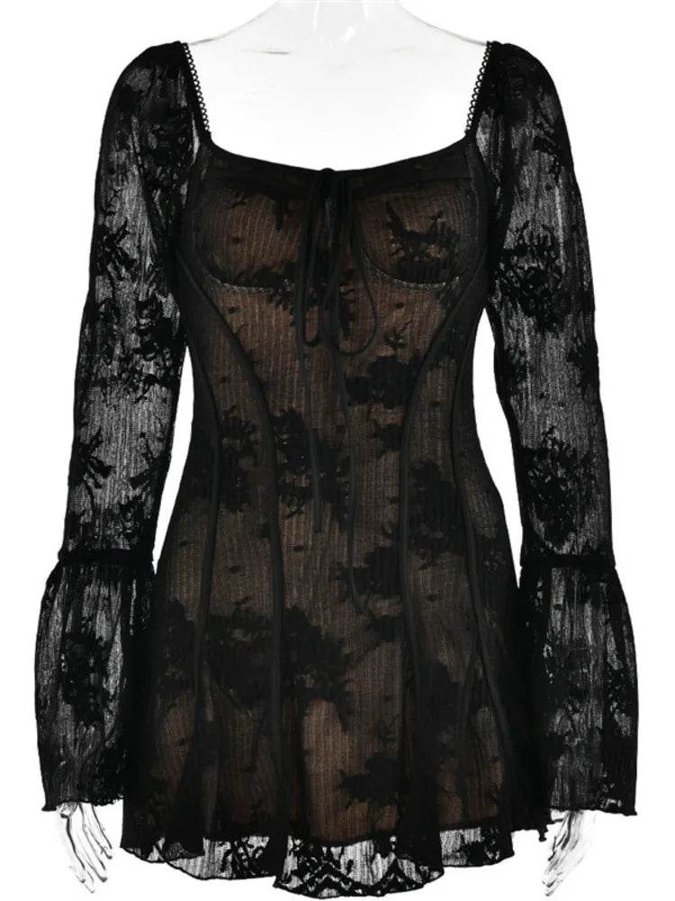 Elegant Backless Long Flare Sleeve Print Mini Dress Women Fashion