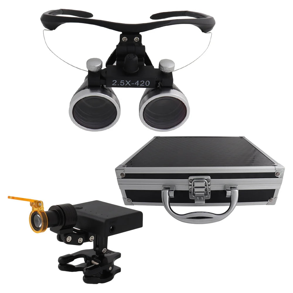 Dental Loupes Dental Magnifier Dental Lab Medical Loupes Magnification Binocular 2.5/3.5x420 Headlight Headlamp 5W Set Metal Box
