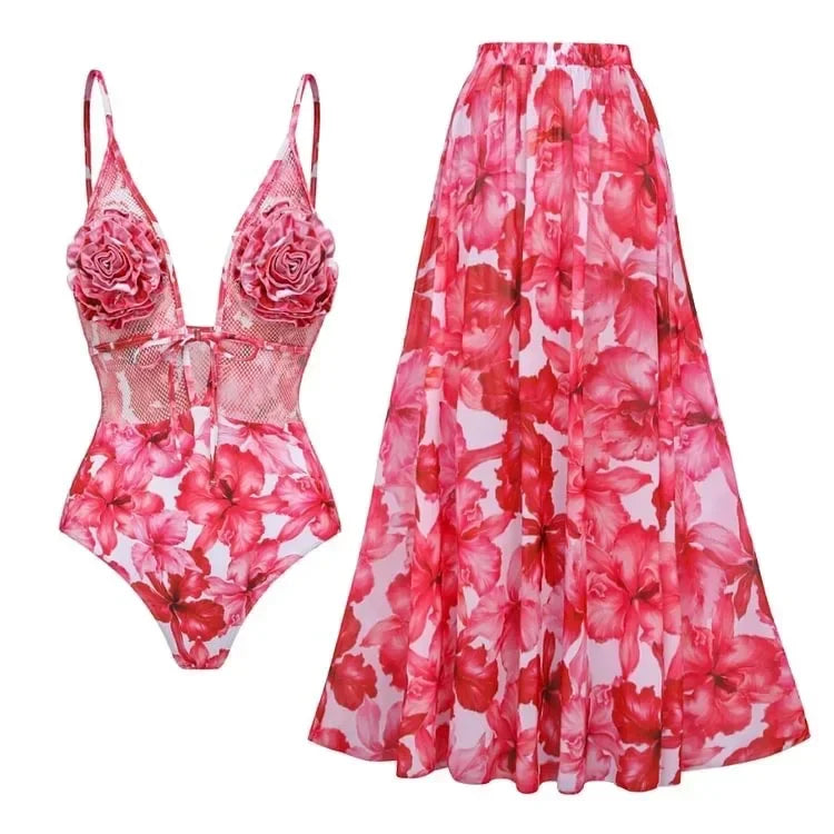 One Piece Bathing Suit for Women with Bikini Maxi Wrap Skirt 2Pcs Floral Print Swimsuit High Waist Tummy Control Beach Suits