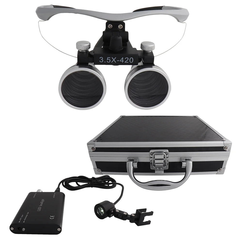 Dental Loupes Dental Magnifier Dental Lab Medical Loupes Magnification Binocular 2.5/3.5x420 Headlight Headlamp 5W Set Metal Box