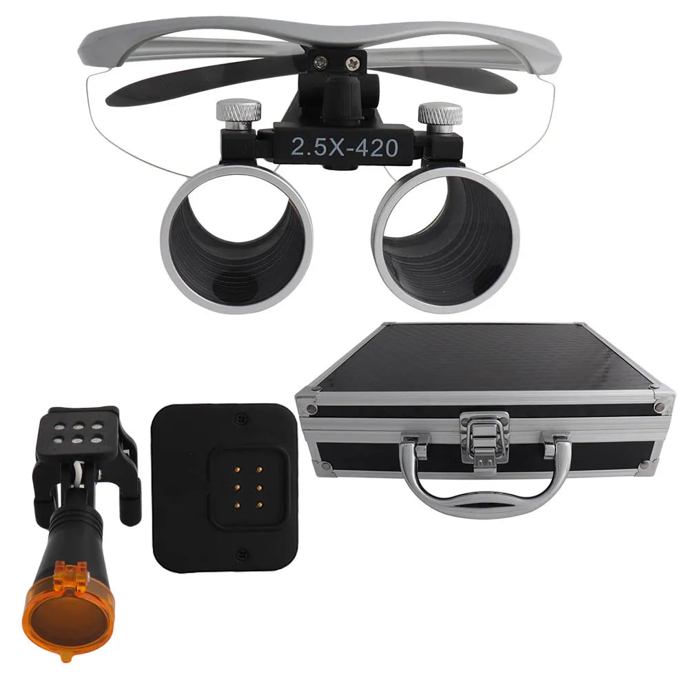 Dental Loupes Dental Magnifier Dental Lab Medical Loupes Magnification Binocular 2.5/3.5x420 Headlight Headlamp 5W Set Metal Box