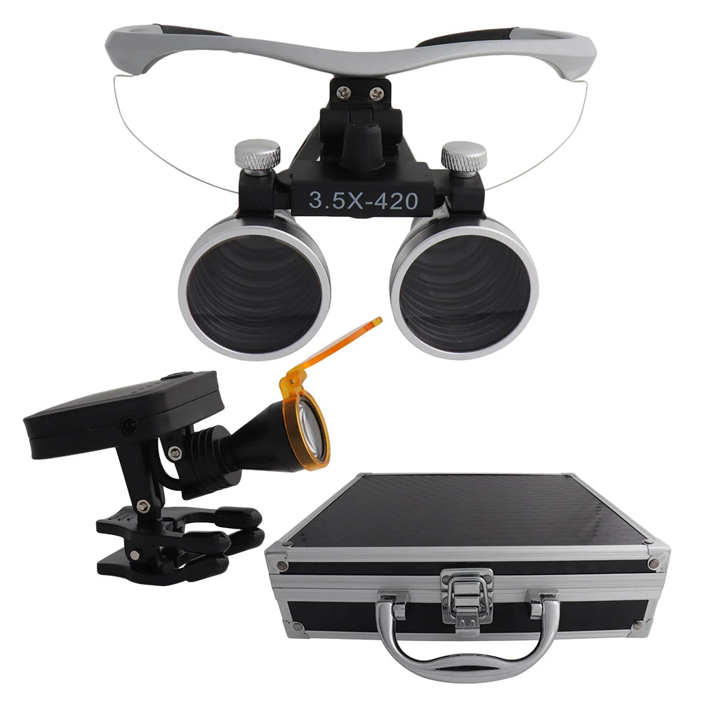 Dental Loupes Dental Magnifier Dental Lab Medical Loupes Magnification Binocular 2.5/3.5x420 Headlight Headlamp 5W Set Metal Box