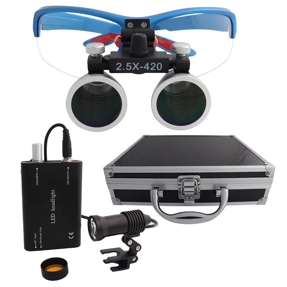 Dental Loupes Dental Magnifier Dental Lab Medical Loupes Magnification Binocular 2.5/3.5x420 Headlight Headlamp 5W Set Metal Box