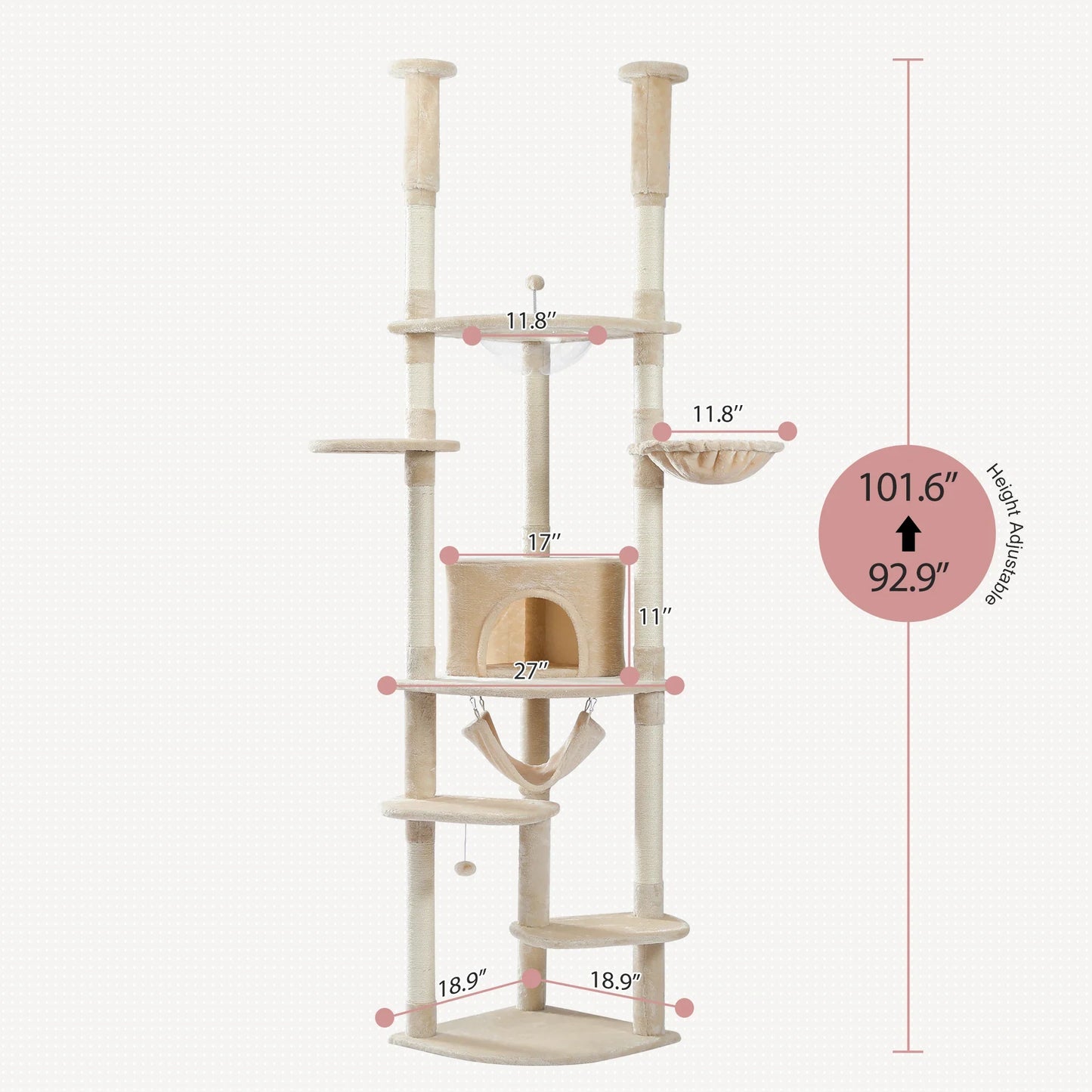 Adjustable 236-258cm Height Cat Scratching Post Tall Cat Tower with Hammock Condo Cozy Cat Tree Kitten Furniture Pet Cat Toys