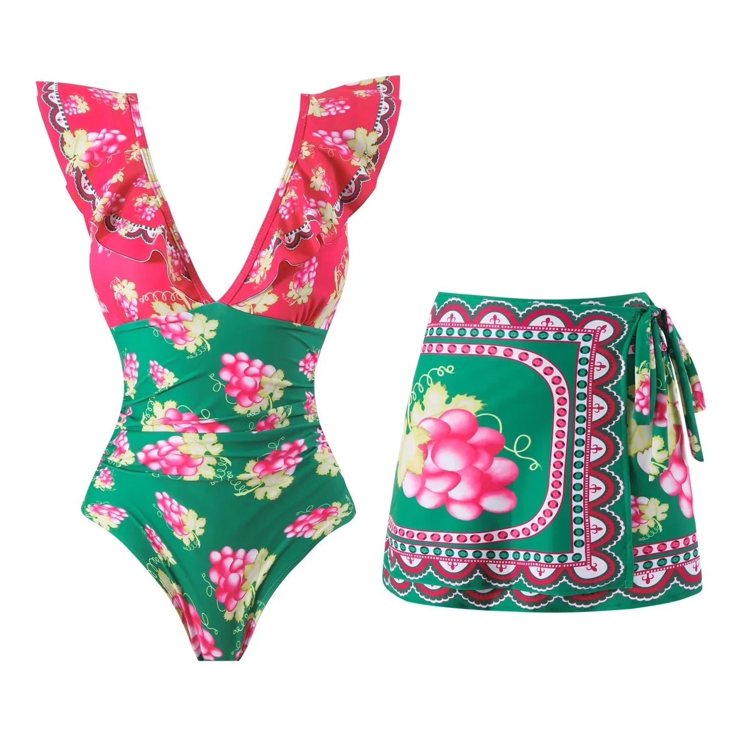 One Piece Bathing Suit for Women with Bikini Maxi Wrap Skirt 2Pcs Floral Print Swimsuit High Waist Tummy Control Beach Suits
