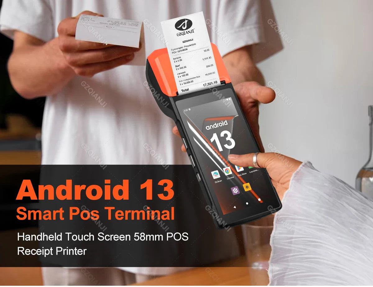 New 4G Wireless Wifi Handheld PDA Printers Android 8.1 13 POS Terminal Touch Screen Built-in 2D Barcode Scanner NFC Card Reader