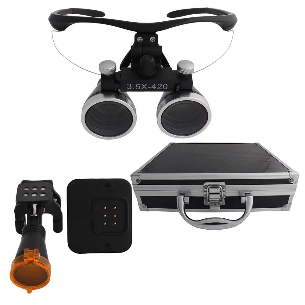 Dental Loupes Dental Magnifier Dental Lab Medical Loupes Magnification Binocular 2.5/3.5x420 Headlight Headlamp 5W Set Metal Box