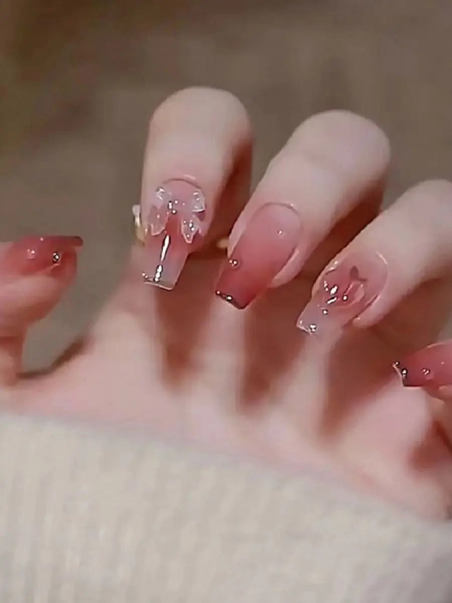 Gradient Color Nail Stickers - Light Changing Heart Peach Bow