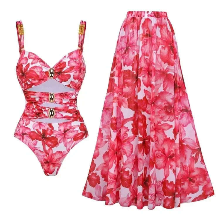 One Piece Bathing Suit for Women with Bikini Maxi Wrap Skirt 2Pcs Floral Print Swimsuit High Waist Tummy Control Beach Suits
