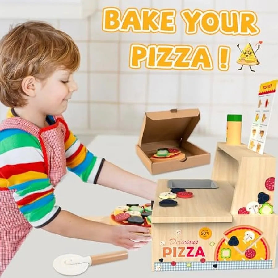 Wooden Pizza Toy - 48 PCS Montessori Pretend Play Food for Ages 3+ Educational Learning Toy Wooden Playset with Bake Oven Chris