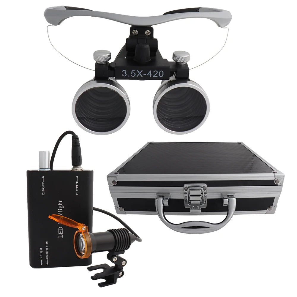 Dental Loupes Dental Magnifier Dental Lab Medical Loupes Magnification Binocular 2.5/3.5x420 Headlight Headlamp 5W Set Metal Box