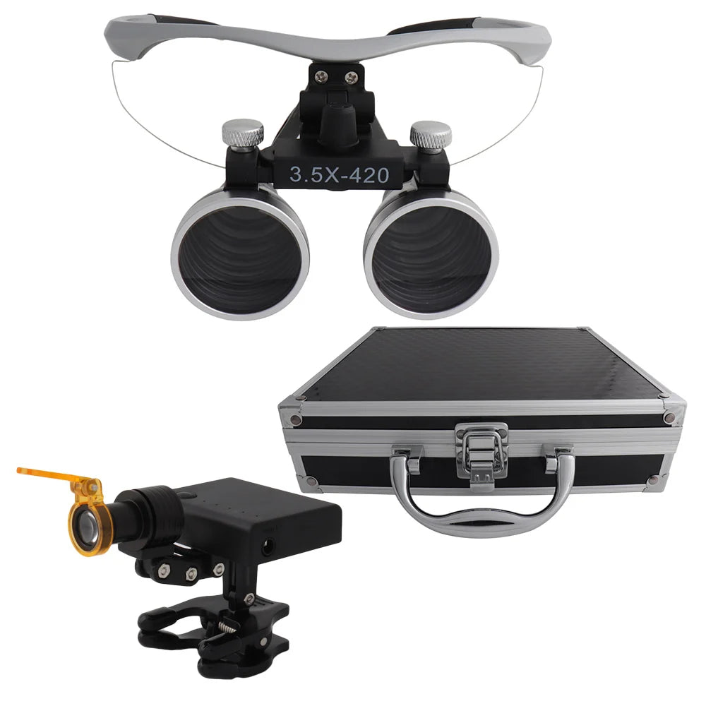 Dental Loupes Dental Magnifier Dental Lab Medical Loupes Magnification Binocular 2.5/3.5x420 Headlight Headlamp 5W Set Metal Box