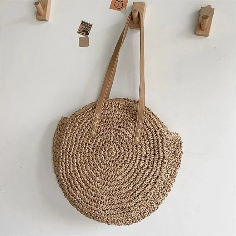 EMESA HOME Summer Round Straw Women Vacation Woven Beach Shoulder Bag Large Capacity Hollow Out Simple Tote Bag
