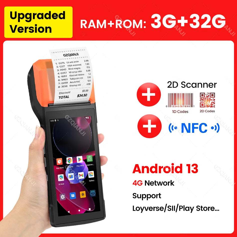 New 4G Wireless Wifi Handheld PDA Printers Android 8.1 13 POS Terminal Touch Screen Built-in 2D Barcode Scanner NFC Card Reader