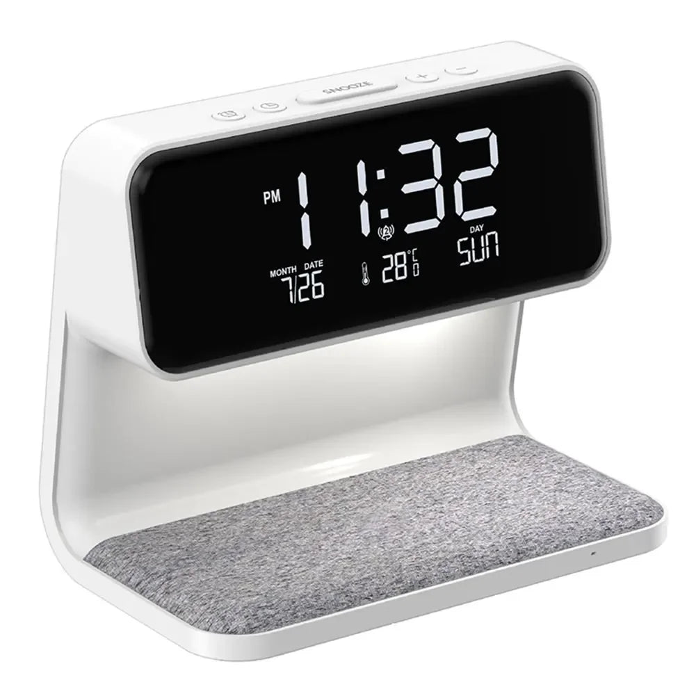 Creative 3 In 1 Bedside Lamp Wireless Charging LCD Screen Alarm Clock  Wireless Phone Charger