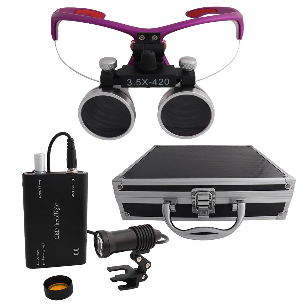 Dental Loupes Dental Magnifier Dental Lab Medical Loupes Magnification Binocular 2.5/3.5x420 Headlight Headlamp 5W Set Metal Box