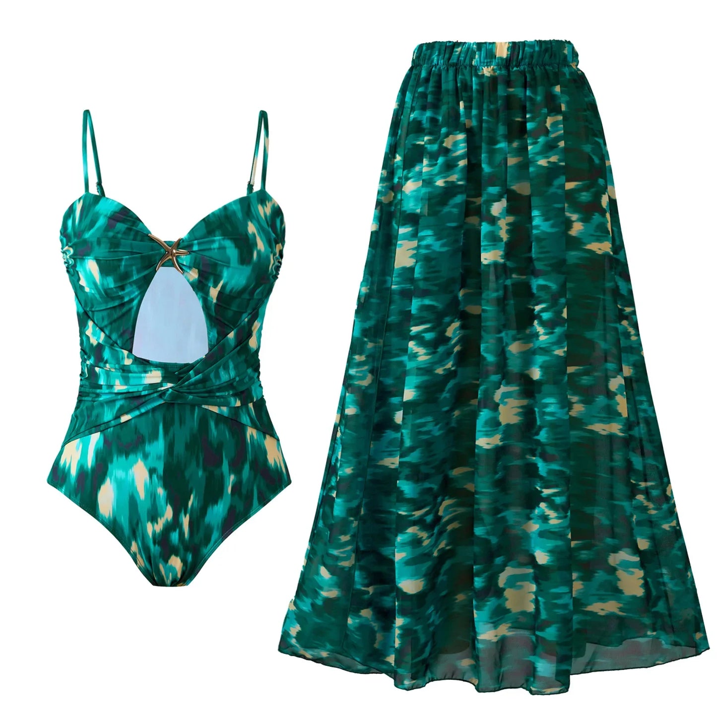 One Piece Bathing Suit for Women with Bikini Maxi Wrap Skirt 2Pcs Floral Print Swimsuit High Waist Tummy Control Beach Suits