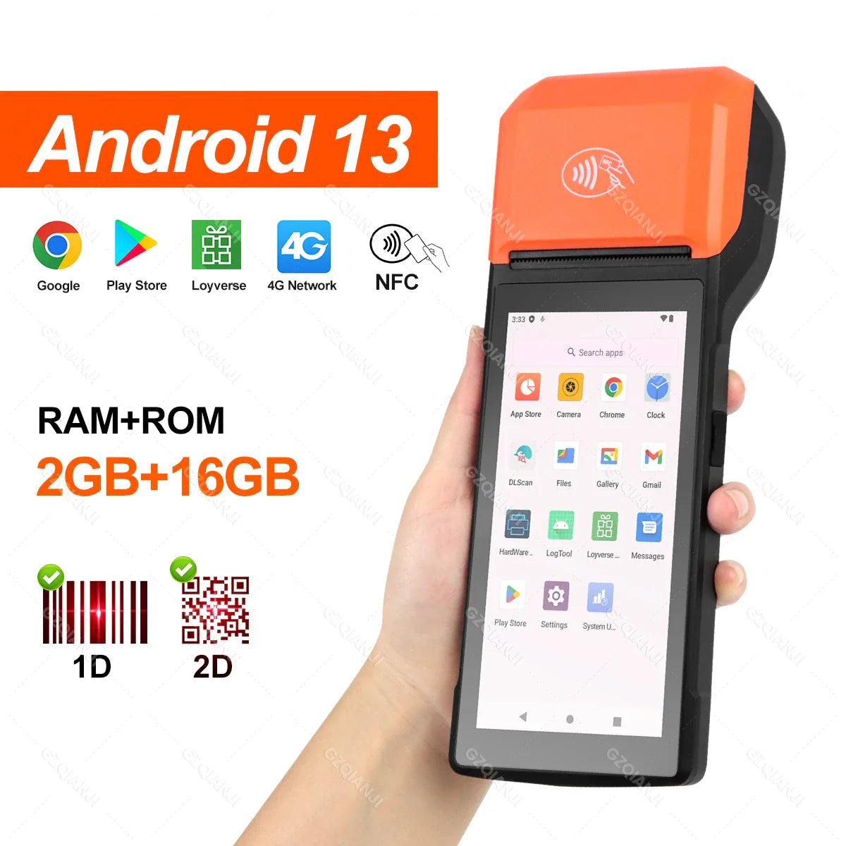 New 4G Wireless Wifi Handheld PDA Printers Android 8.1 13 POS Terminal Touch Screen Built-in 2D Barcode Scanner NFC Card Reader