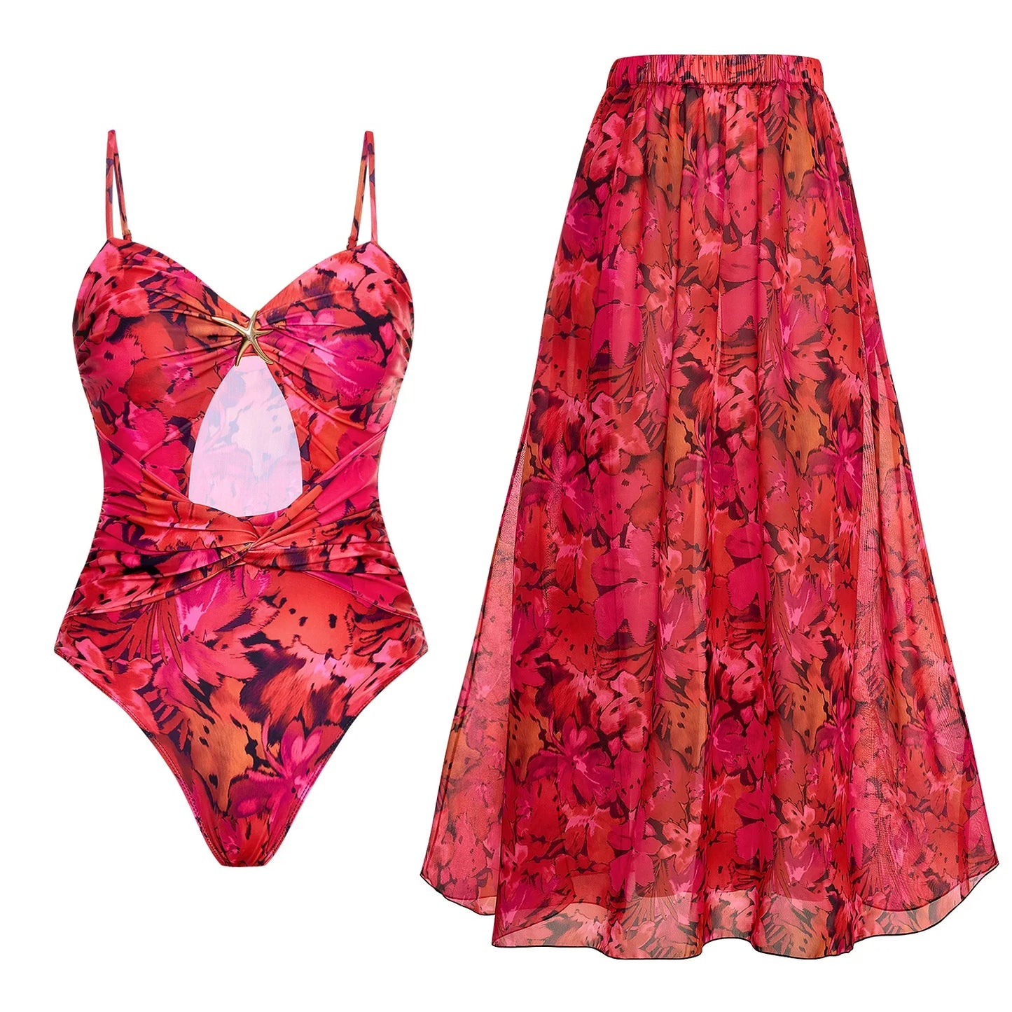 One Piece Bathing Suit for Women with Bikini Maxi Wrap Skirt 2Pcs Floral Print Swimsuit High Waist Tummy Control Beach Suits