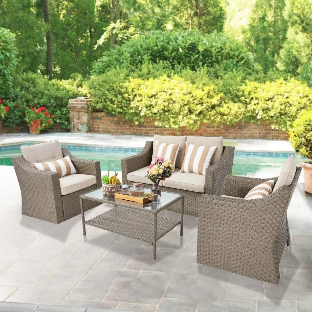 Outdoor Patio Furniture Set 7-Piece Wicker Conversation  Lounge Chairs with Ottoman & Loveseat