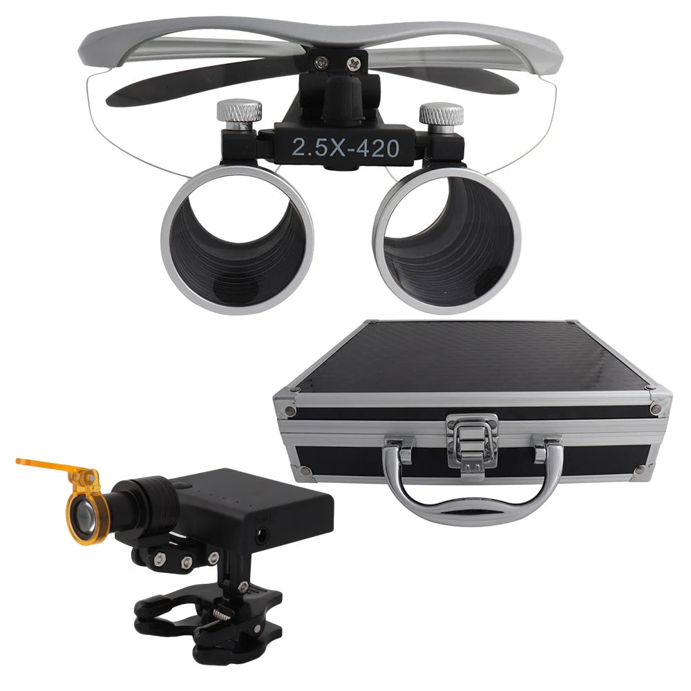 Dental Loupes Dental Magnifier Dental Lab Medical Loupes Magnification Binocular 2.5/3.5x420 Headlight Headlamp 5W Set Metal Box
