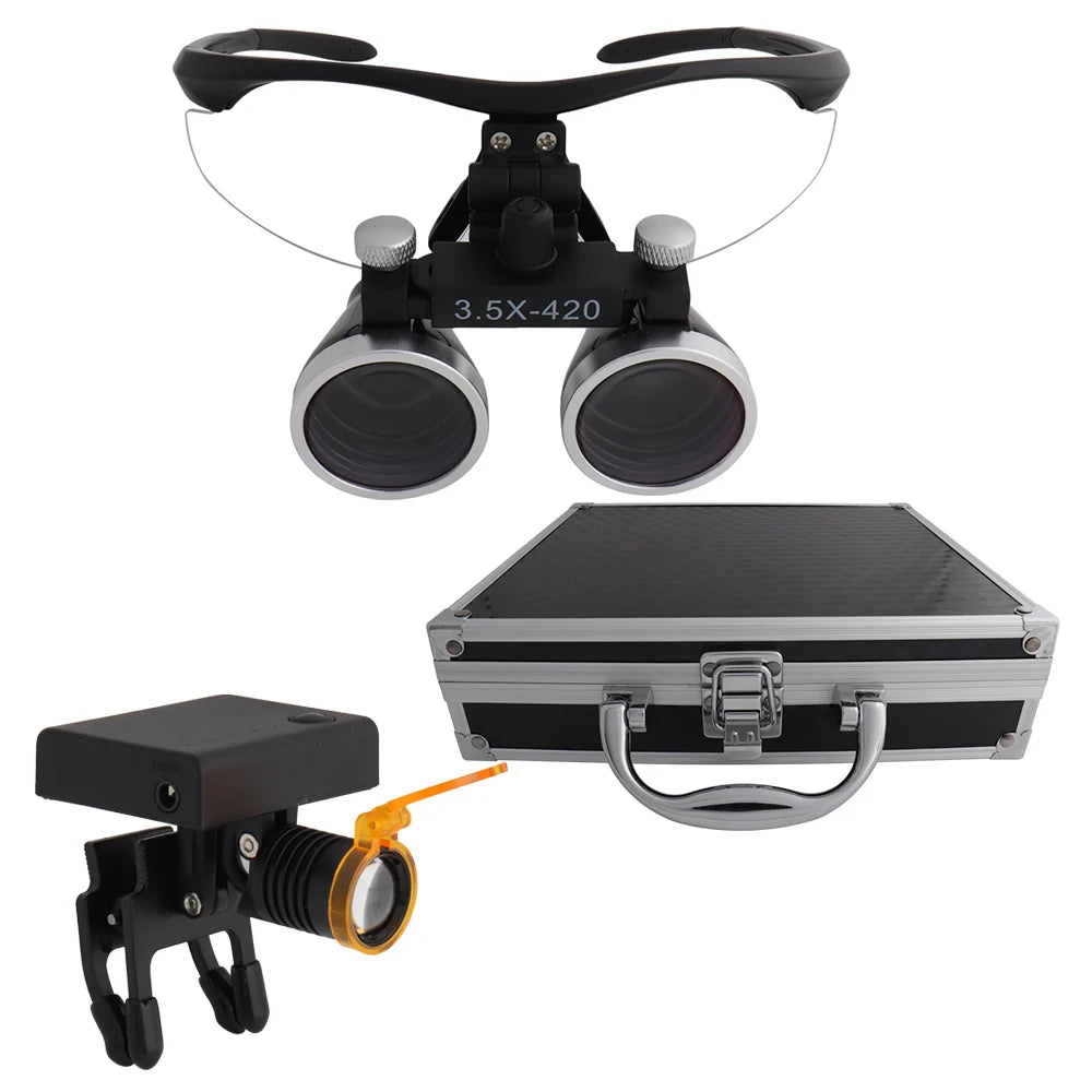 Dental Loupes Dental Magnifier Dental Lab Medical Loupes Magnification Binocular 2.5/3.5x420 Headlight Headlamp 5W Set Metal Box