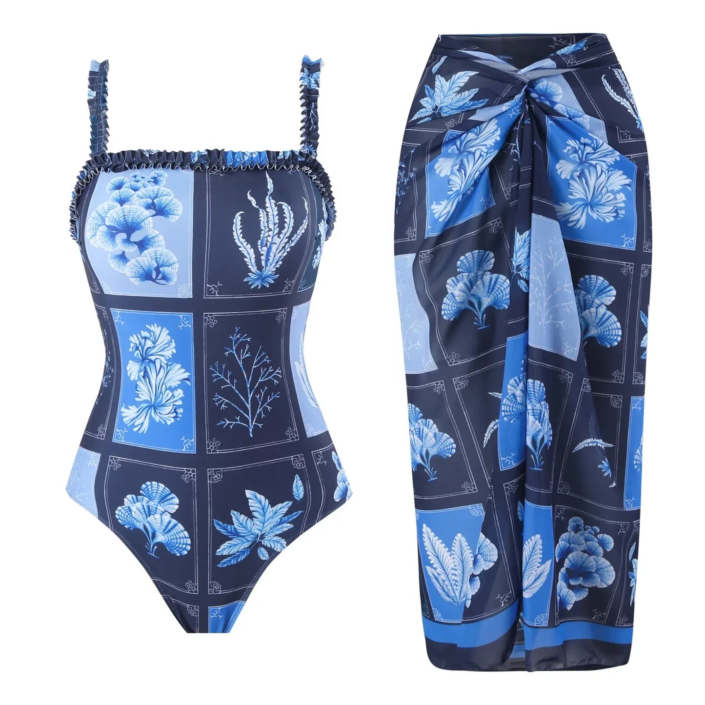 One Piece Bathing Suit for Women with Bikini Maxi Wrap Skirt 2Pcs Floral Print Swimsuit High Waist Tummy Control Beach Suits