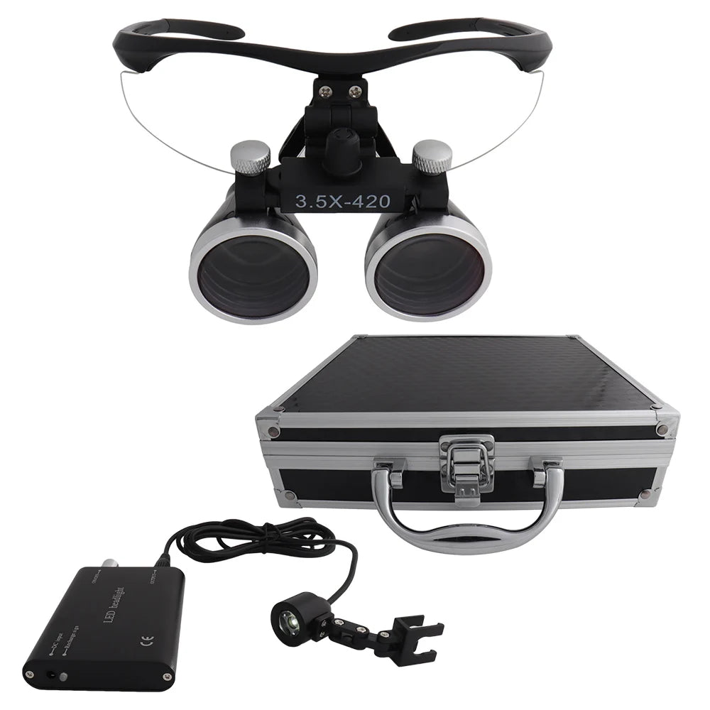 Dental Loupes Dental Magnifier Dental Lab Medical Loupes Magnification Binocular 2.5/3.5x420 Headlight Headlamp 5W Set Metal Box