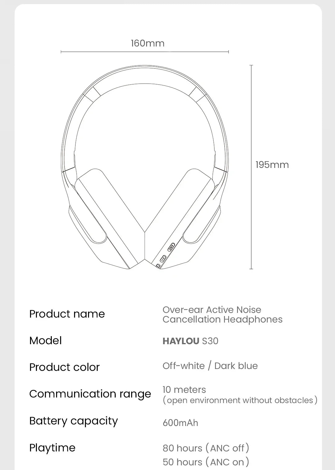 HAYLOU S30 Wireless Bluetooth 5.4 Headphones with 43dB ANC, 40mm Drivers, 80H Playtime