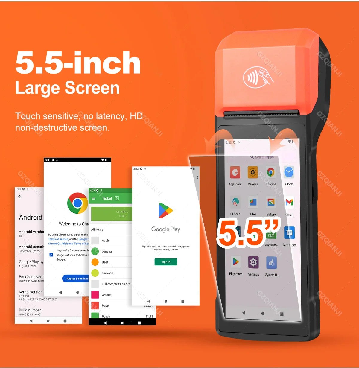 New 4G Wireless Wifi Handheld PDA Printers Android 8.1 13 POS Terminal Touch Screen Built-in 2D Barcode Scanner NFC Card Reader
