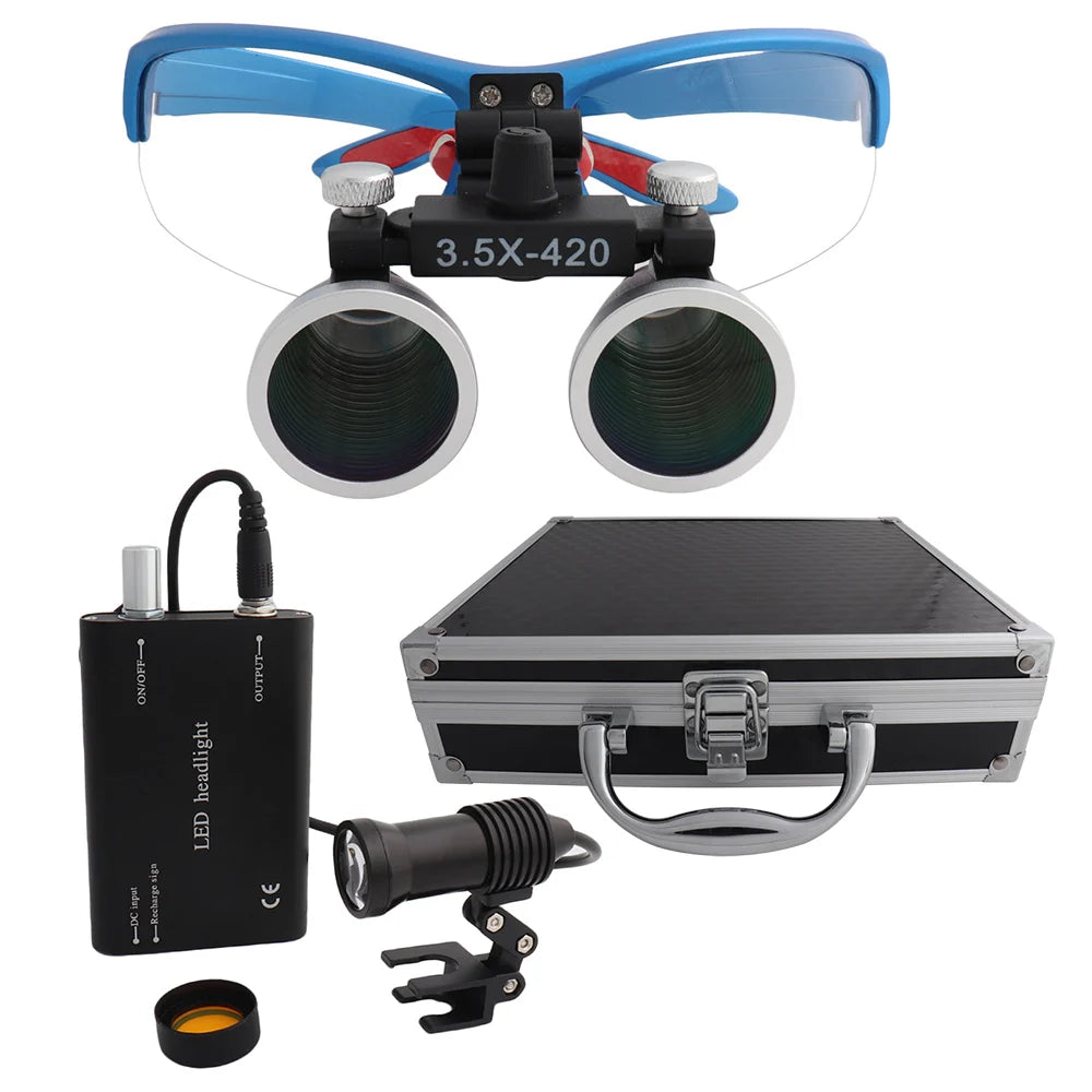 Dental Loupes Dental Magnifier Dental Lab Medical Loupes Magnification Binocular 2.5/3.5x420 Headlight Headlamp 5W Set Metal Box