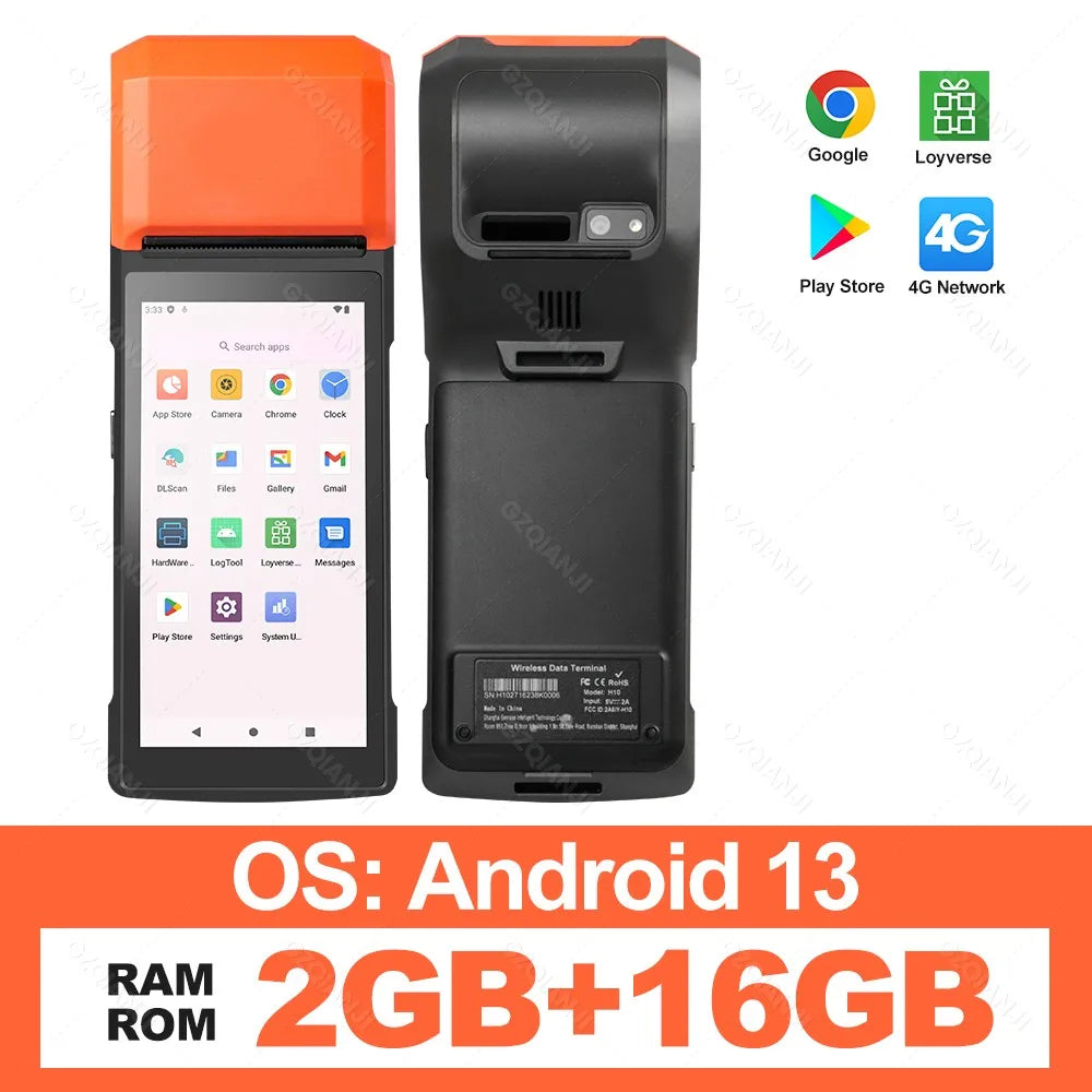 New 4G Wireless Wifi Handheld PDA Printers Android 8.1 13 POS Terminal Touch Screen Built-in 2D Barcode Scanner NFC Card Reader