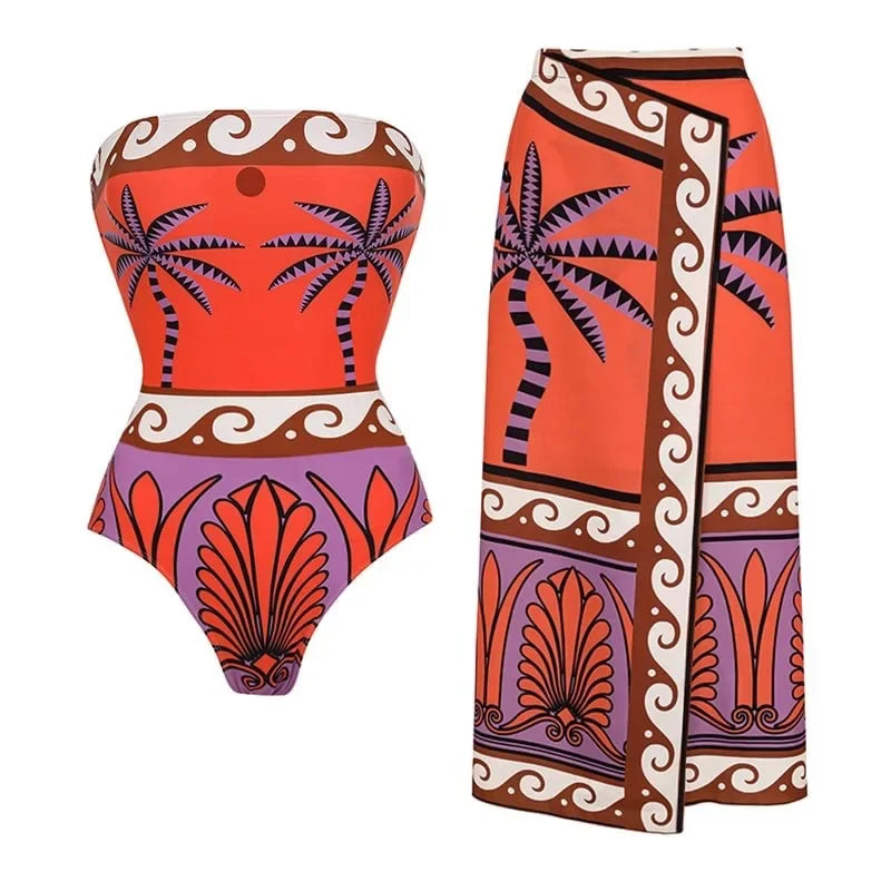 One Piece Bathing Suit for Women with Bikini Maxi Wrap Skirt 2Pcs Floral Print Swimsuit High Waist Tummy Control Beach Suits