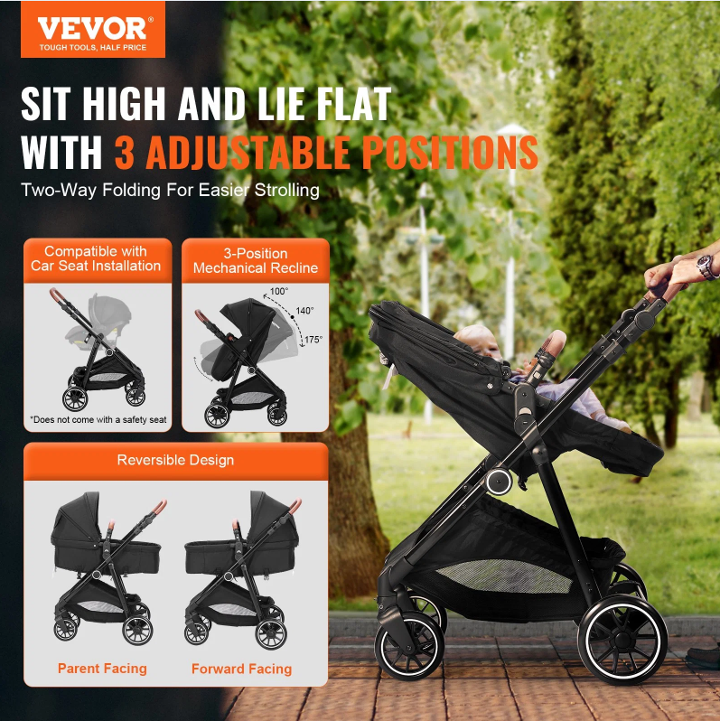 Standard baby stroller with bassinet, foldable design, and reversible seat