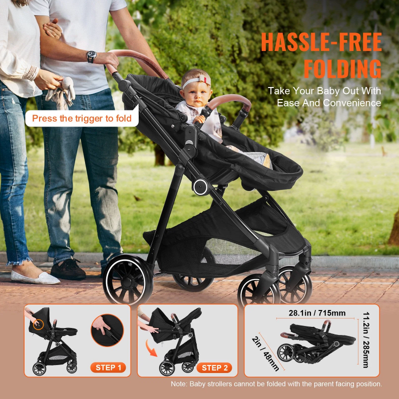 Standard baby stroller with bassinet, foldable design, and reversible seat