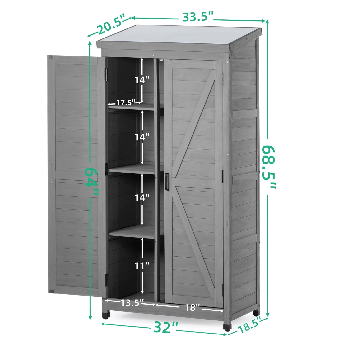 Outdoor Storage Cabinet With Metal Top, 68Tall Garden Shed For Yard