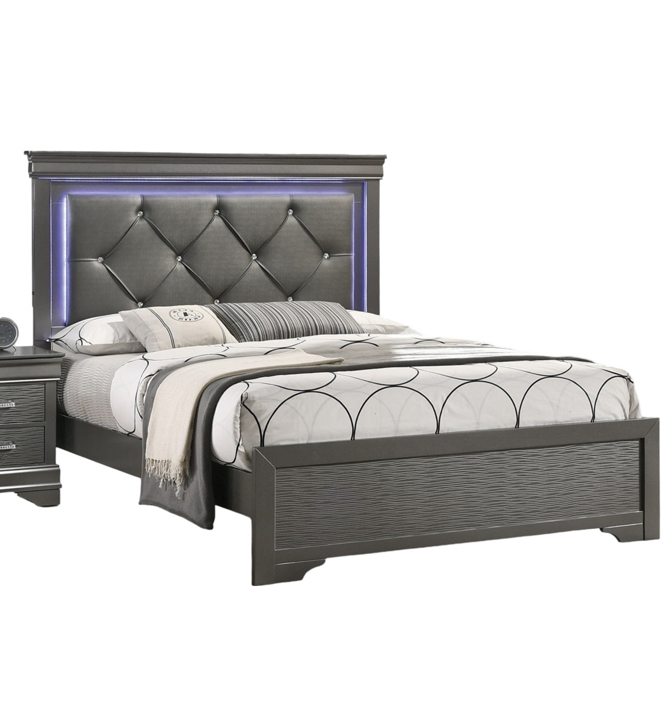 Dark Gray Faux Leather Tufted Headboard 1pc Queen Size Bed W LED Bedroom Furniture Gray Unique Texture FB Solid Wood