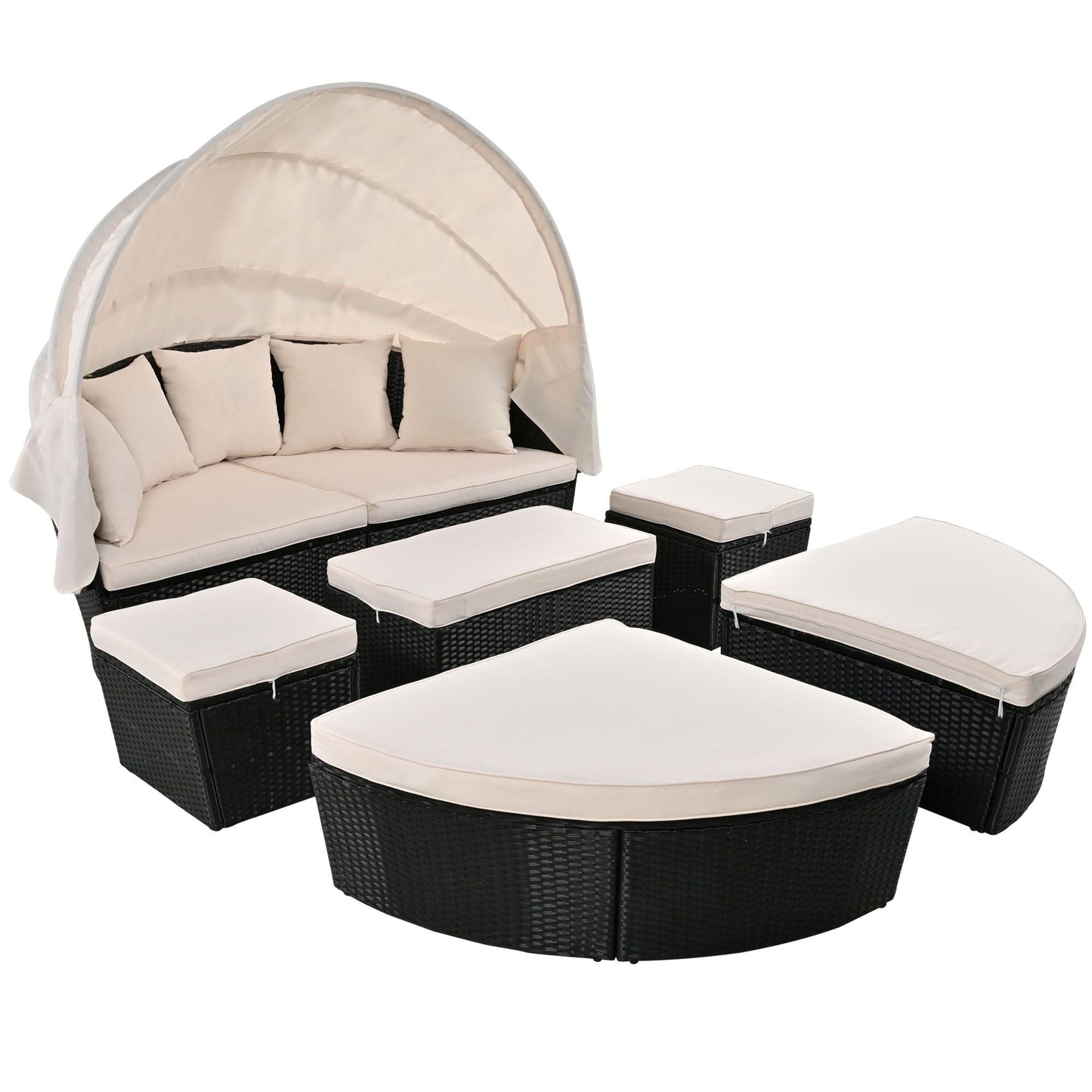 GO Outdoor rattan daybed sunbed with Retractable Canopy Wicker Furniture, Round Outdoor Sectional Sofa Set, black Wicker Furniture Clamshell Seating with Washable Cushions, Backyard, Porch, Beige