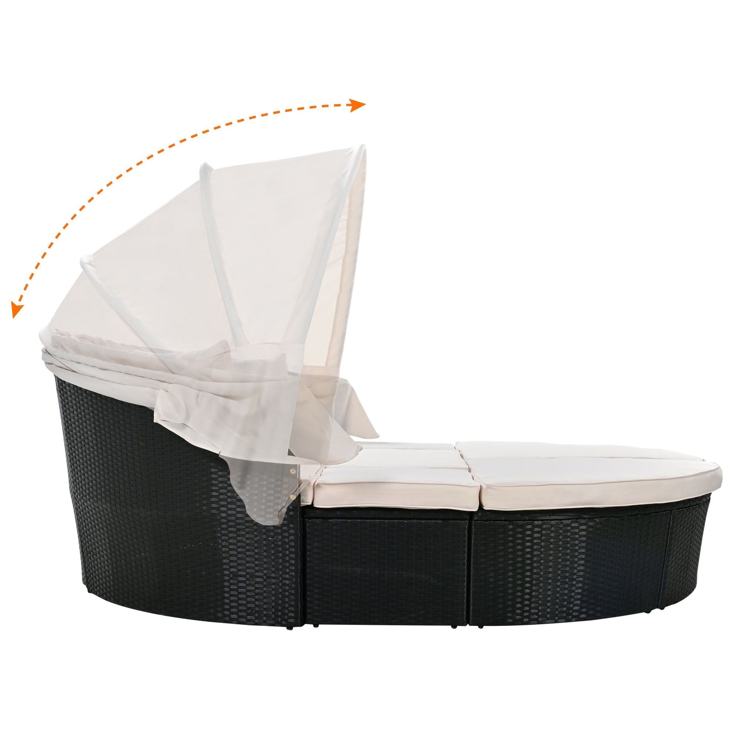 GO Outdoor rattan daybed sunbed with Retractable Canopy Wicker Furniture, Round Outdoor Sectional Sofa Set, black Wicker Furniture Clamshell Seating with Washable Cushions, Backyard, Porch, Beige