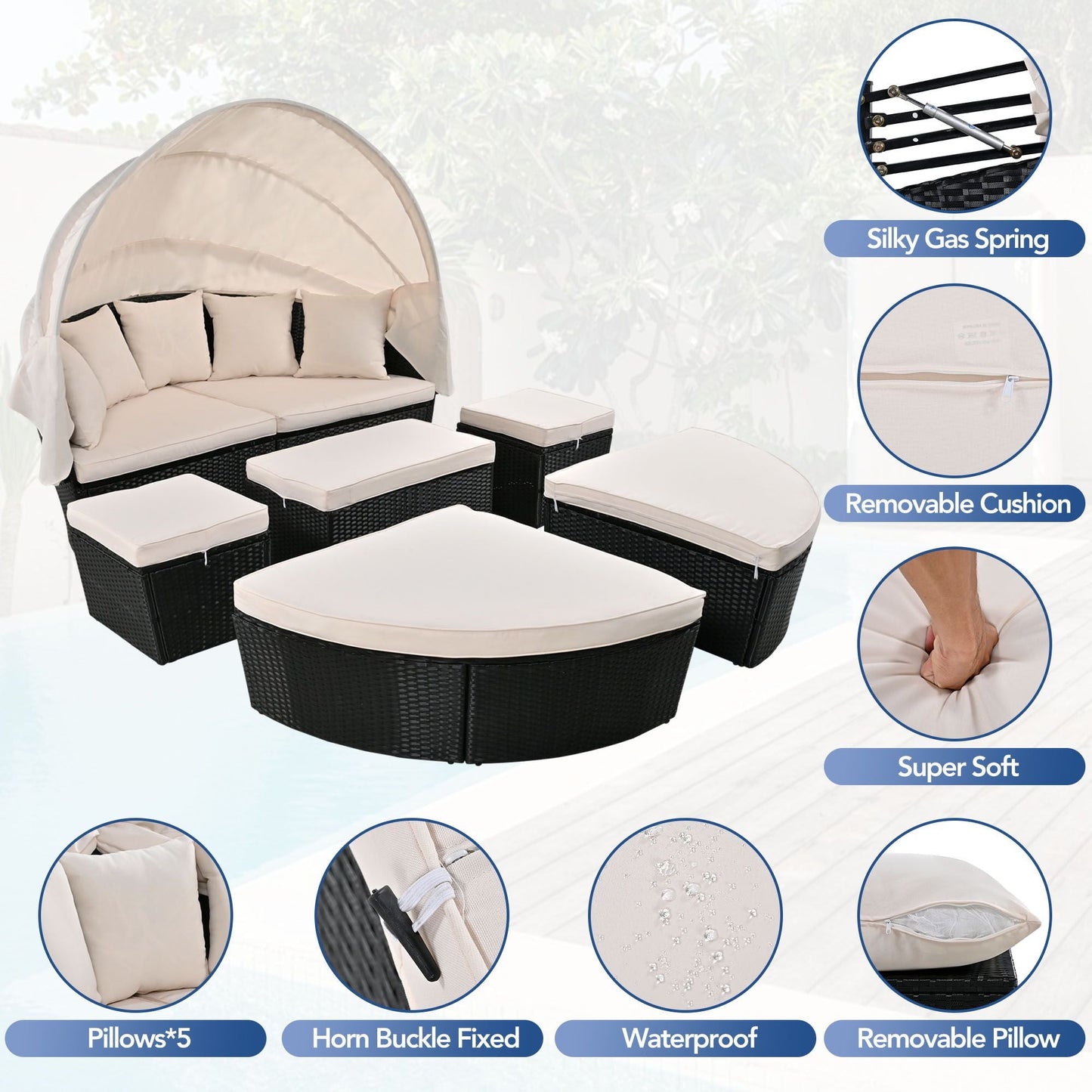 GO Outdoor rattan daybed sunbed with Retractable Canopy Wicker Furniture, Round Outdoor Sectional Sofa Set, black Wicker Furniture Clamshell Seating with Washable Cushions, Backyard, Porch, Beige