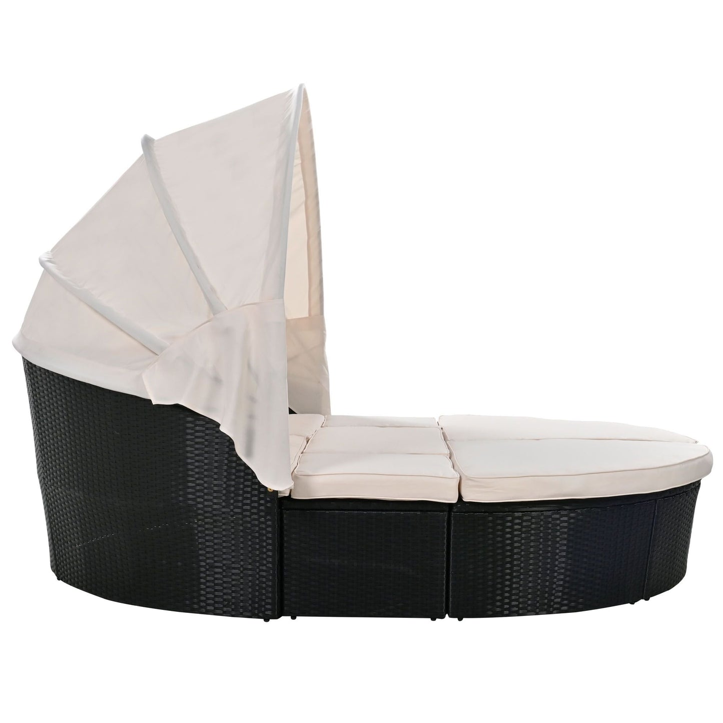 GO Outdoor rattan daybed sunbed with Retractable Canopy Wicker Furniture, Round Outdoor Sectional Sofa Set, black Wicker Furniture Clamshell Seating with Washable Cushions, Backyard, Porch, Beige